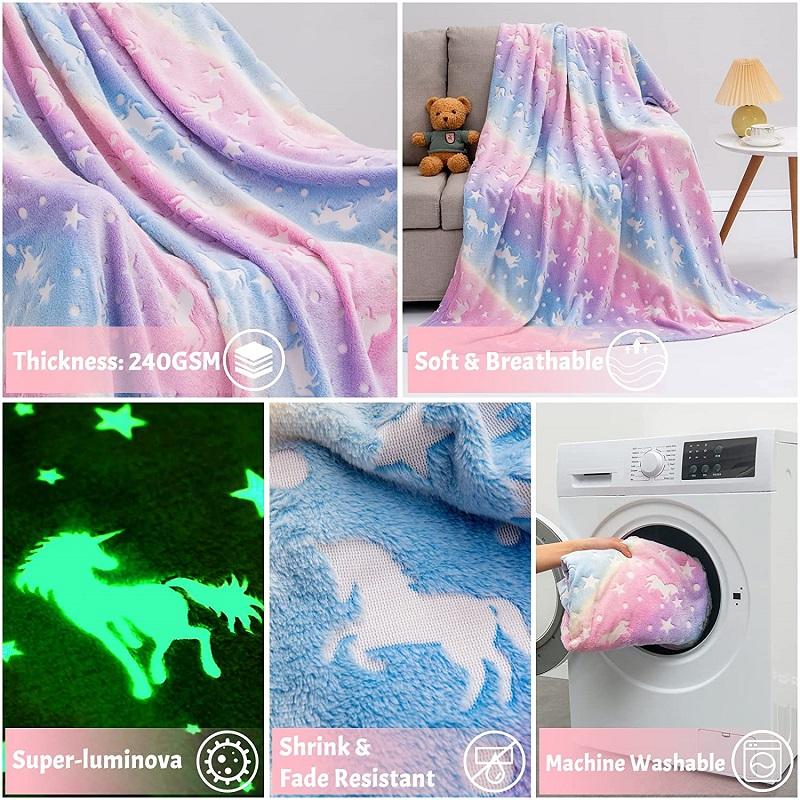 Deka Glow In the Dark Deka Jednorožec Svítící hřejivé flanelové deky Ložnice Kouzelné deky Super útulné plyšové pokrývky pro volný čas Siesta