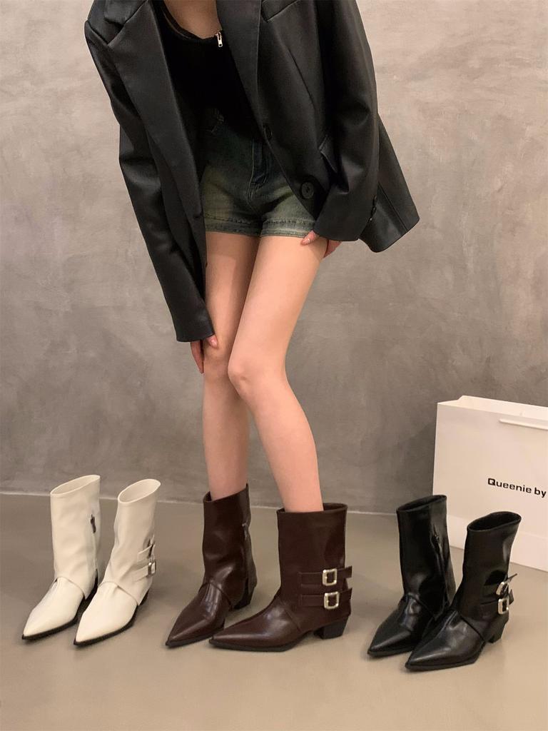 Pointed high-heeled brown small short boots women's shoes 2025 new spring and autumn single boots retro belt buckle medium tube pants tube boots