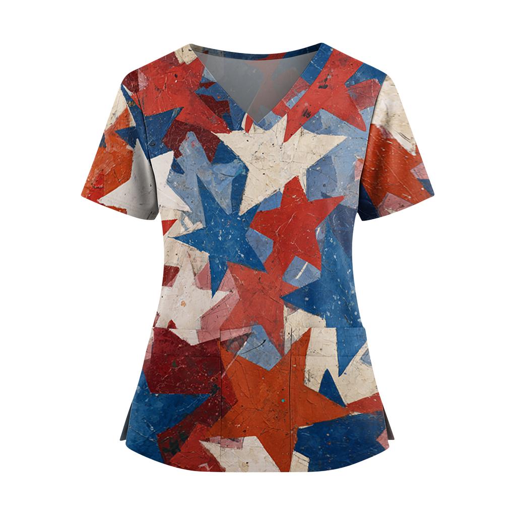 Women's Independence Day Print V-Neck Double Pocket Short Sleeve Uniform with Slit Hem - Caregiver Top