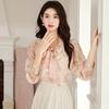 Fashion New  Autumn Long Sleeve Lace-Up Bow Collar Print Chiffon Blouse Shirt Women Tops Blouses Shirts J415