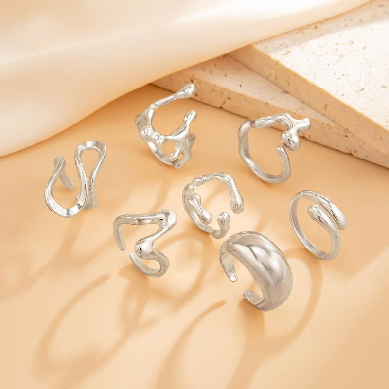 1Set Irregular Glossy Metal Open Rings For Women Vintage Punk Gold Silver Color Personality Finger Ring Female Jewelry