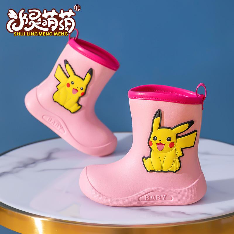 Pikachu Children's Rain Boots Boys Baby Non-Slip Fleece-Lined Warm Rain Boots Girls Toddler Kids Lightweight Waterproof Shoes