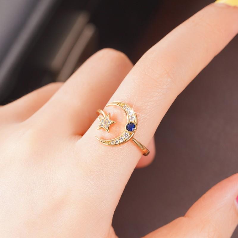 Huitan Newly Star and Moon Design Opening Rings for Women White/Blue Cubic Zirconia Exquisite Girls Accessories Trendy Jewelry