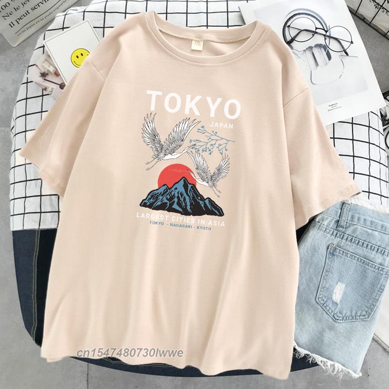 Tokyo Crane Japan Harajuku Print Unisexs Tshirt Hip Hop Loose Tshirts Crewneck Tshirt 100 Cotton Oversize Clothing Unisex