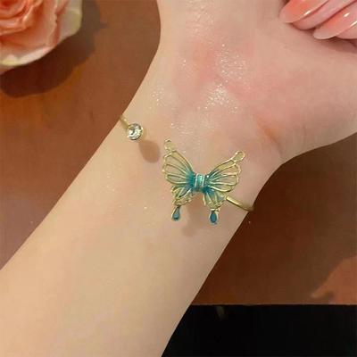 Chinese Style Vintage Green Butterfly Opening Adjustable Bracelet For Women Fashion Temperament Bracelet Jewelry
