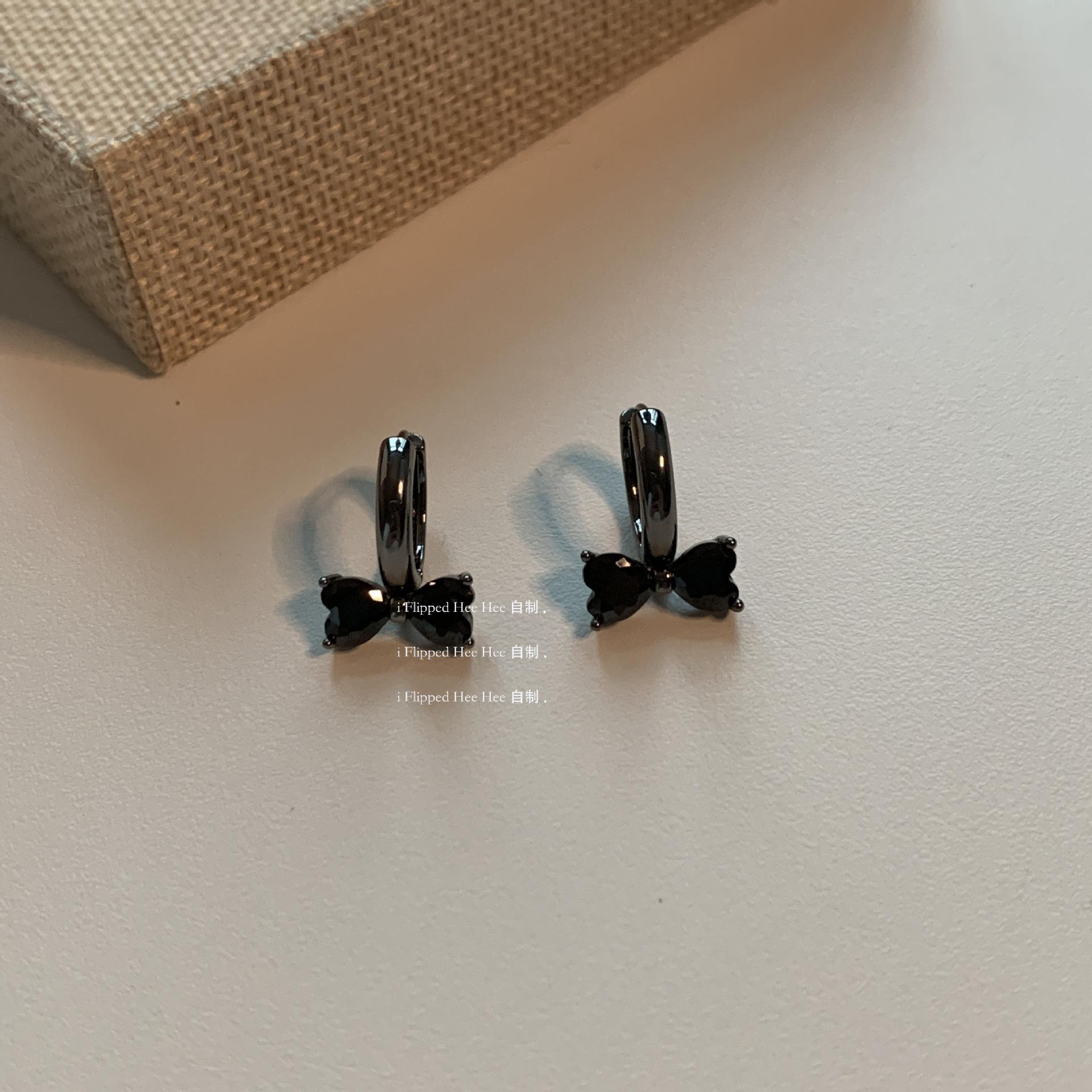 iFHH homemade Shu gun black bow black zircon ear buckle, plus thin ear needle Ding version cute Jane earrings 925 silver