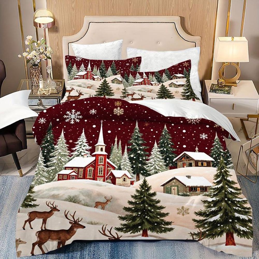 Ensemble de housse de couette Wonderland Hivernal de Noël Multi-tailles Housse de couette Taille Queen Décoration de literie de chambre à coucher Lavable en machine Chambre d'adulte Garçon Fille 220Cmx240Cm