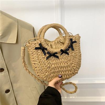 Straw Woven Bag Small Fragrant Style Sling Shoulder Crossbody Bag Hand-held Women's Bag Bow Design Beach Bag AVE