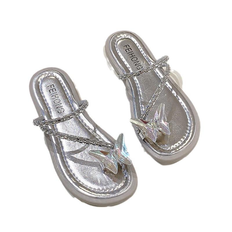 Evening wind rhinestone cover toe French slippers fairy wind sandals spring and summer new wear silver sandals women's shoes