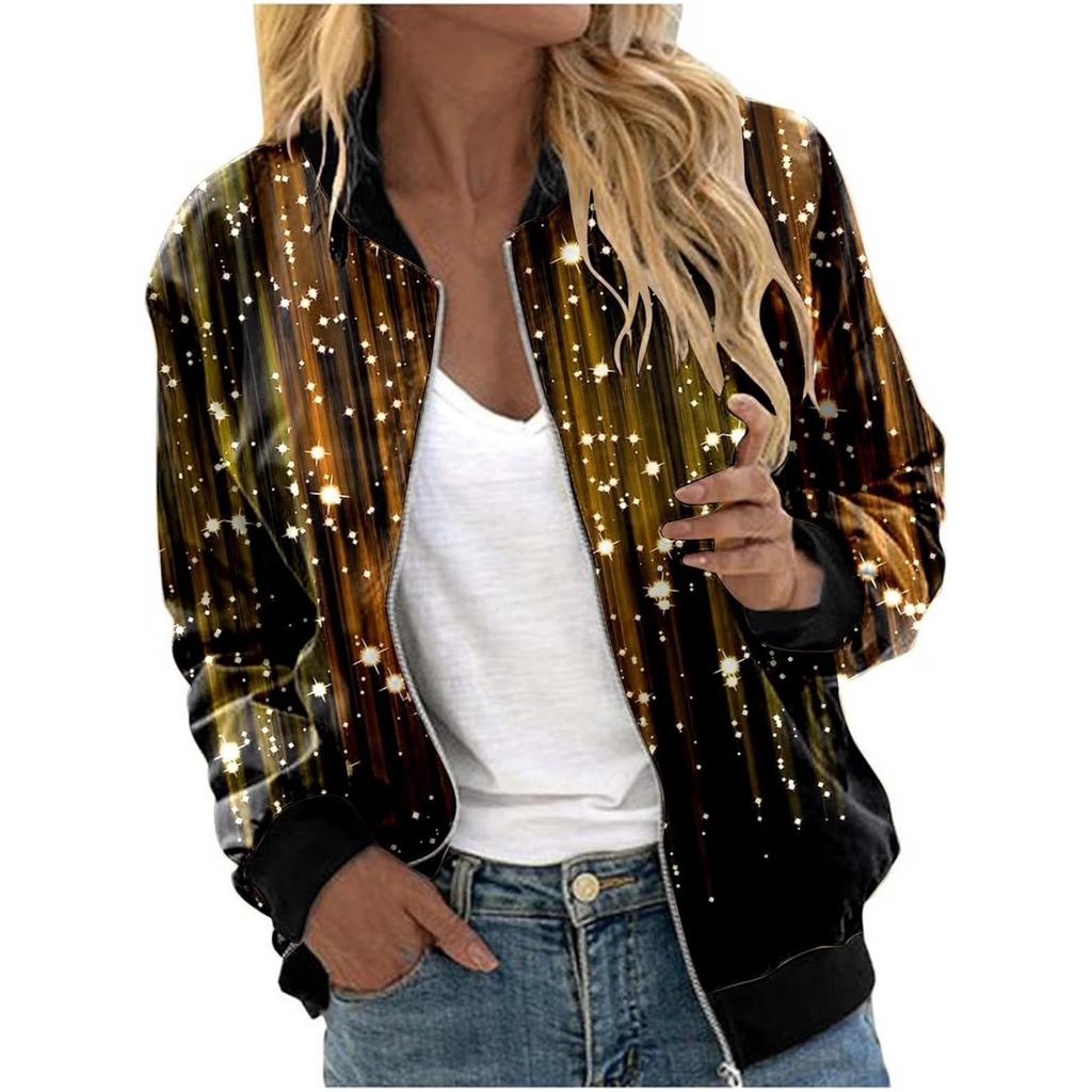 Women's Fashion Long Sleeve Sequin Starlight Print Round Neck Zip Jacket