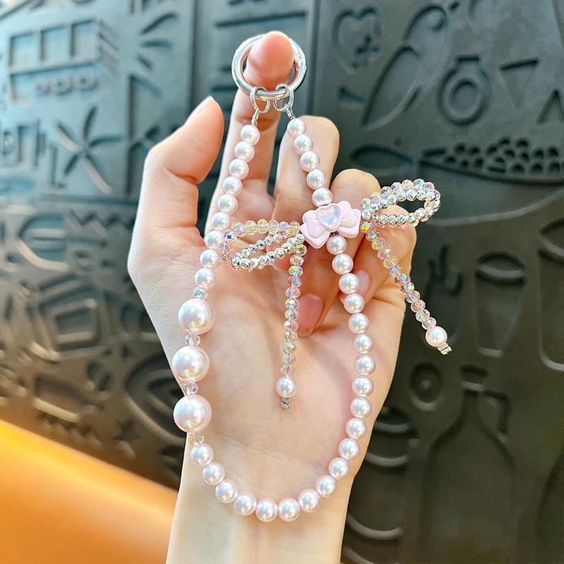 Flash Beaded Mobile Phone Chain Crystal Bow Key Bag Lanyard Pearl Mobile Phone Lanyard Small Gift