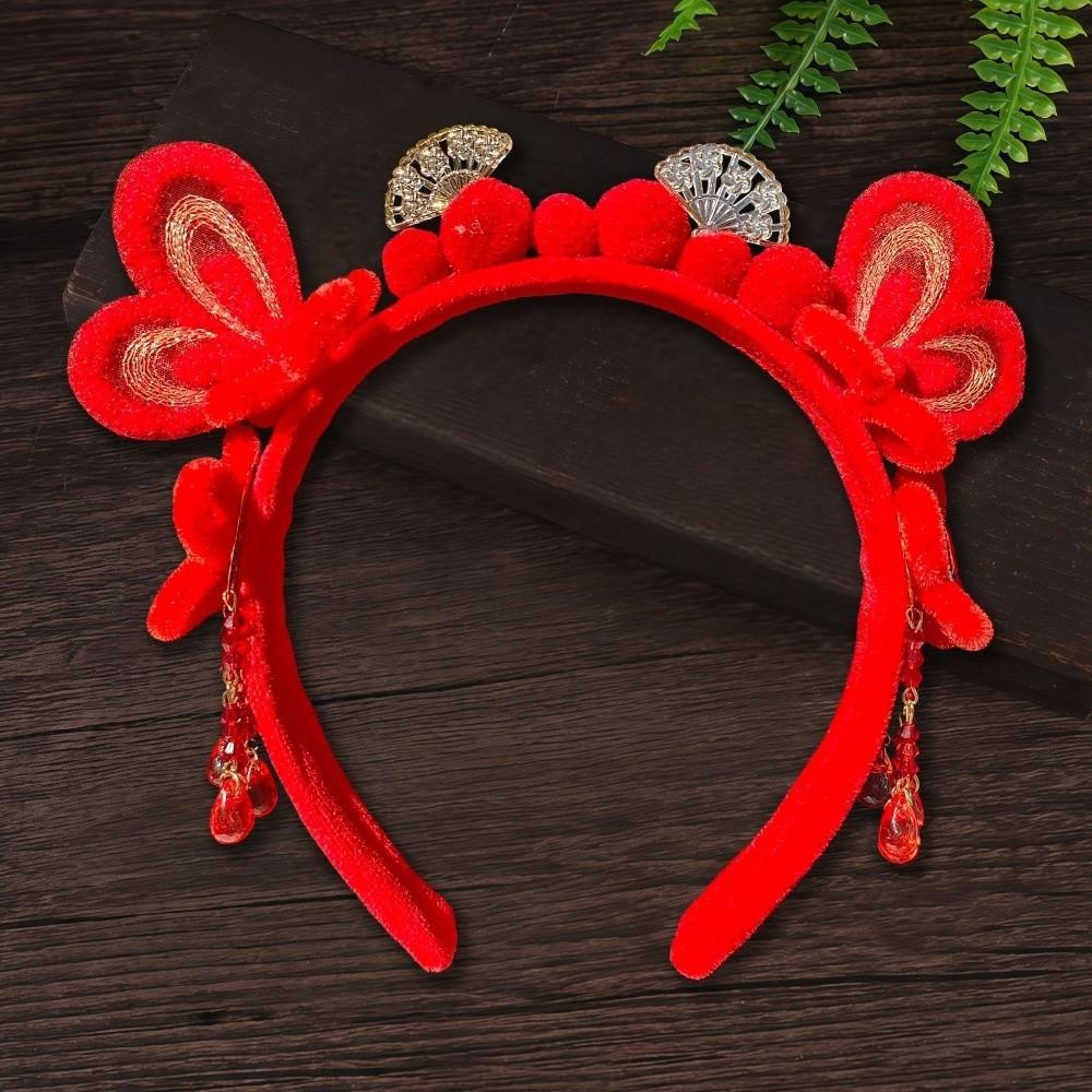 Headwear New Year Hair Hoop Embroidered Bow Ancient Style Hairband Cute Red Plush Headband  Gift