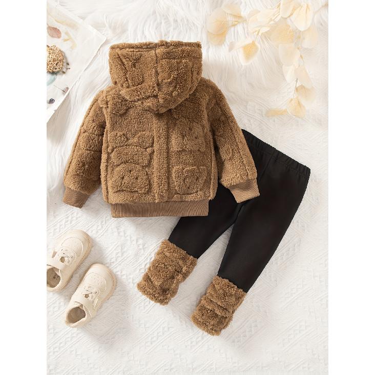 high quality[Girls' Bear Hoodie Set] Girls' Warm Plush Bear Hoodie & Pants Set | Casual Cute Two-Piece with Little Bears Pattern | Autumn Winter