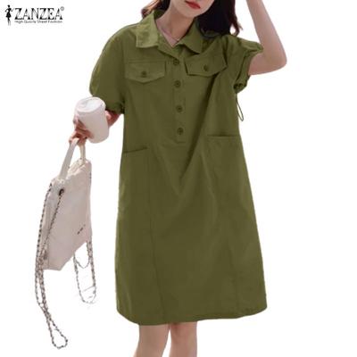 Women Casual Turn Down Collar Summer Short Sleeve Dress