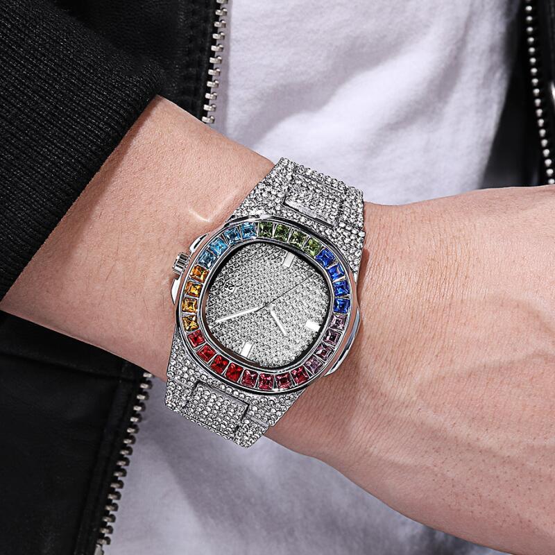 Men Colorful Diamond Quartz Watches Luxury Gold Silver Big Dial Male Wristwatch Sport Business Clock Relogio Masculino