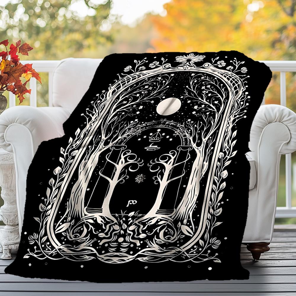 1pc Moon, Trees, Gate - Throw Blanket, Soft, Flannel Blankets, Living Room, All Seasons Use-1021152