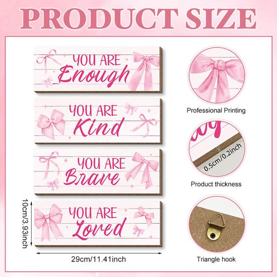 Pink Bow Inspirational Wall Decor Positive Affirmations Wall Art Wooden Hanging Plaque Sign for Teen Girls Room Nursery Bedroom Decor