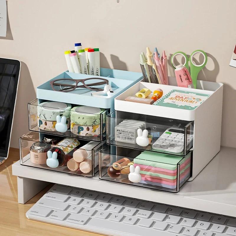 1pcs Multi-Layer Desk Organizer with Drawers Pen & Stationery Storage Box Office Desktop Makeup Organizer with Elevated Stand
