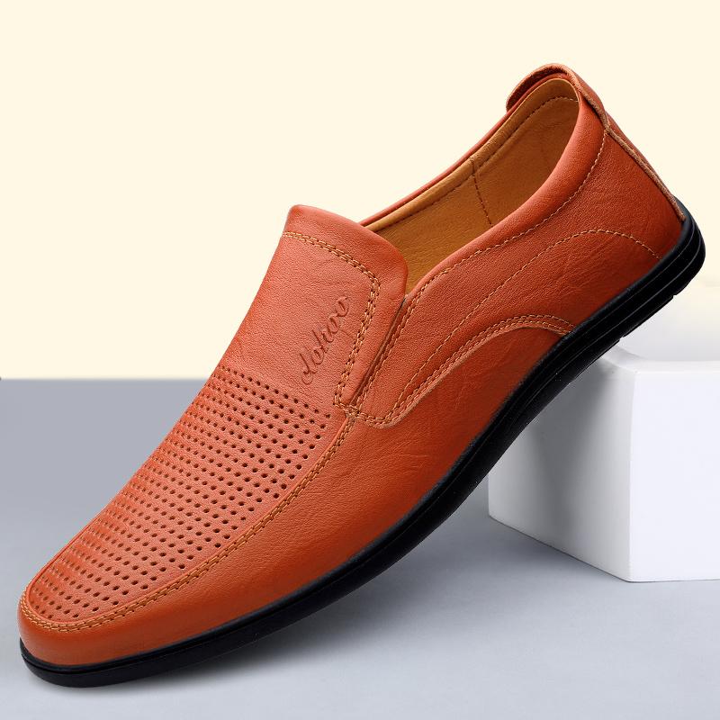 Men's Leather Casual Shoes Breathable Hollow Slip on Lazy Driving Shoes Office Fashion Shoes