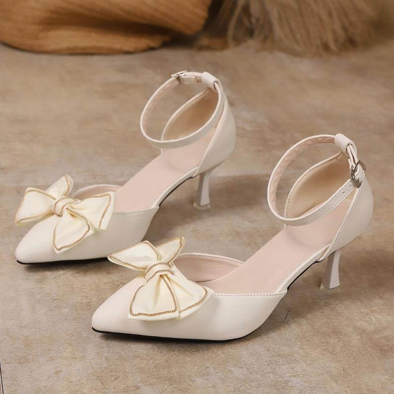 Fashion Bow Mid Heels Women Pointed Toe Sandals Designer Elegant Heeled Shoes 2025 Summer New Brand Fad Dress Pumps Sandalias De Mujer