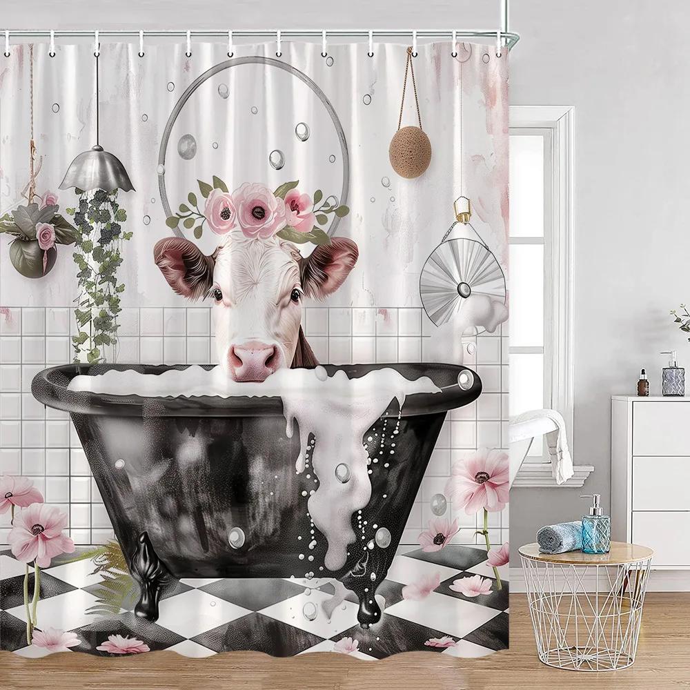 Lustige Badetiere Duschvorhänge Hochlandrinder Kuh Badewanne Druck Badezimmerdekorationen Cartoon Polyester Badvorhang