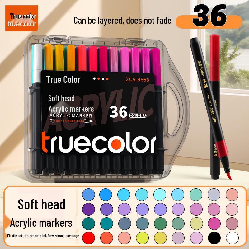 True Color Soft Tip Acrylic Markers & Drawing Brushes for Kids, Non-Bleeding, Stackable Colors, Black Box Colored Pencils