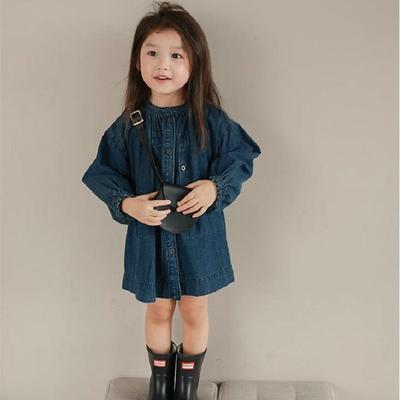 Girls Long Sleeve Dress Solid Color Denim Dress Children Spring Autumn Loose Casual Buttons Tops Dresses for Kids