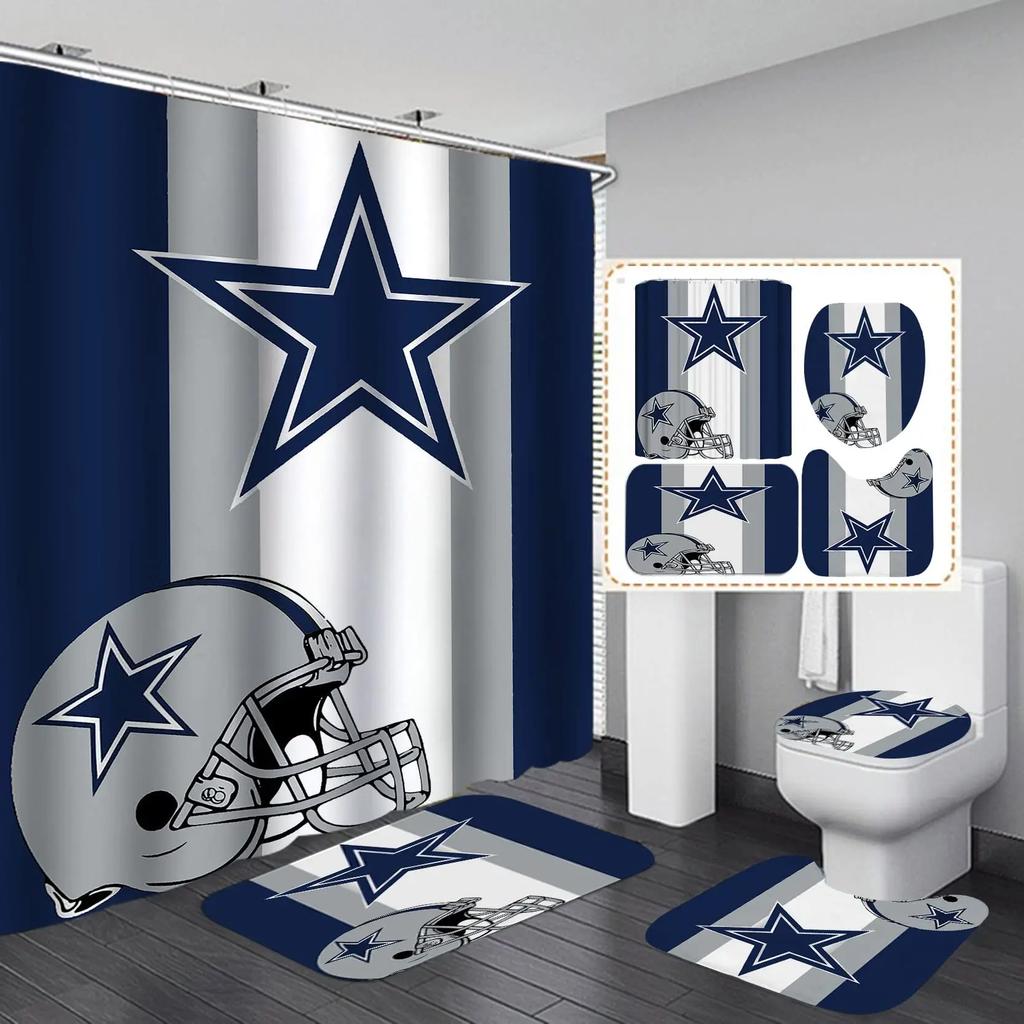 White Navy Blue American Football Shower Curtain Set,Modern Texas Star Rugby Athlete Helmet Sports Bathroom Set Non-Slip Mat Rug