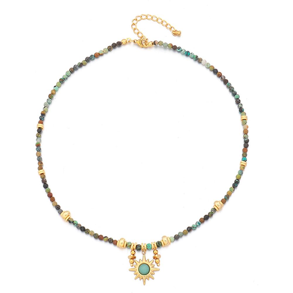 GEMCHIC Women s Vintage Turquoise Sun Pendant Beaded Necklace, Colorful Natural Stone Choker with Gold Chain золотой