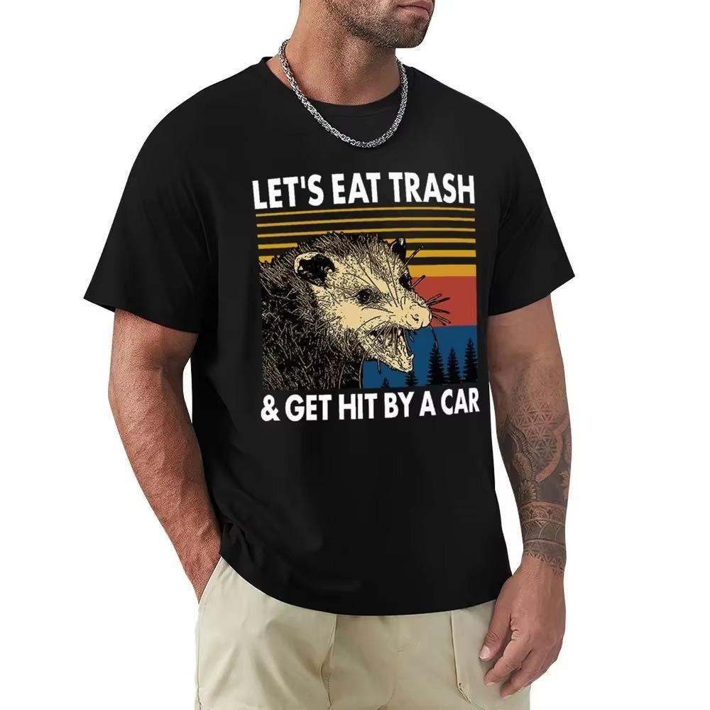 Raccoon Let's Eat Trash & Get Hit By A Car Vintage T Shirt Harajuku Short Sleeve T-shirt 100% Cotton Graphics Tshirt Tops