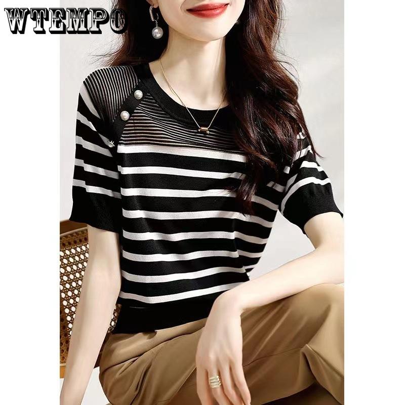 Black and White Striped Short Sleeved Knitted T-shirt Summer Round Neck Pullover Knitted T-shirt