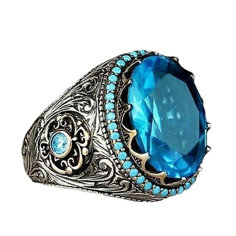 Accessories, Egg Aquamarine Ring Men'S Hip Hop Engraved Vintage Pattern Ring