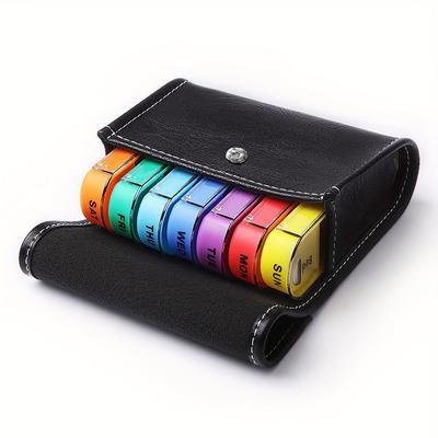 Weekly Pill Organizer Box Case Travel Medication Reminder Daily AM PM Day Night 7 Compartments In Leather Carrying Case