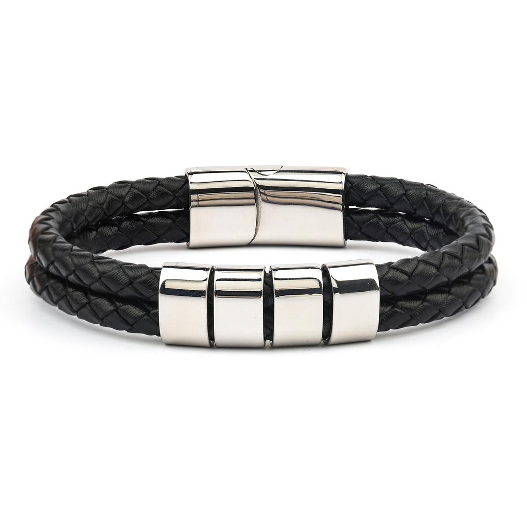 Men's Leather Bracelet Magnetic Tail Buckle Stainless Steel Positioning Ring Engraved Father's Day Gift Double Leather Bracelet