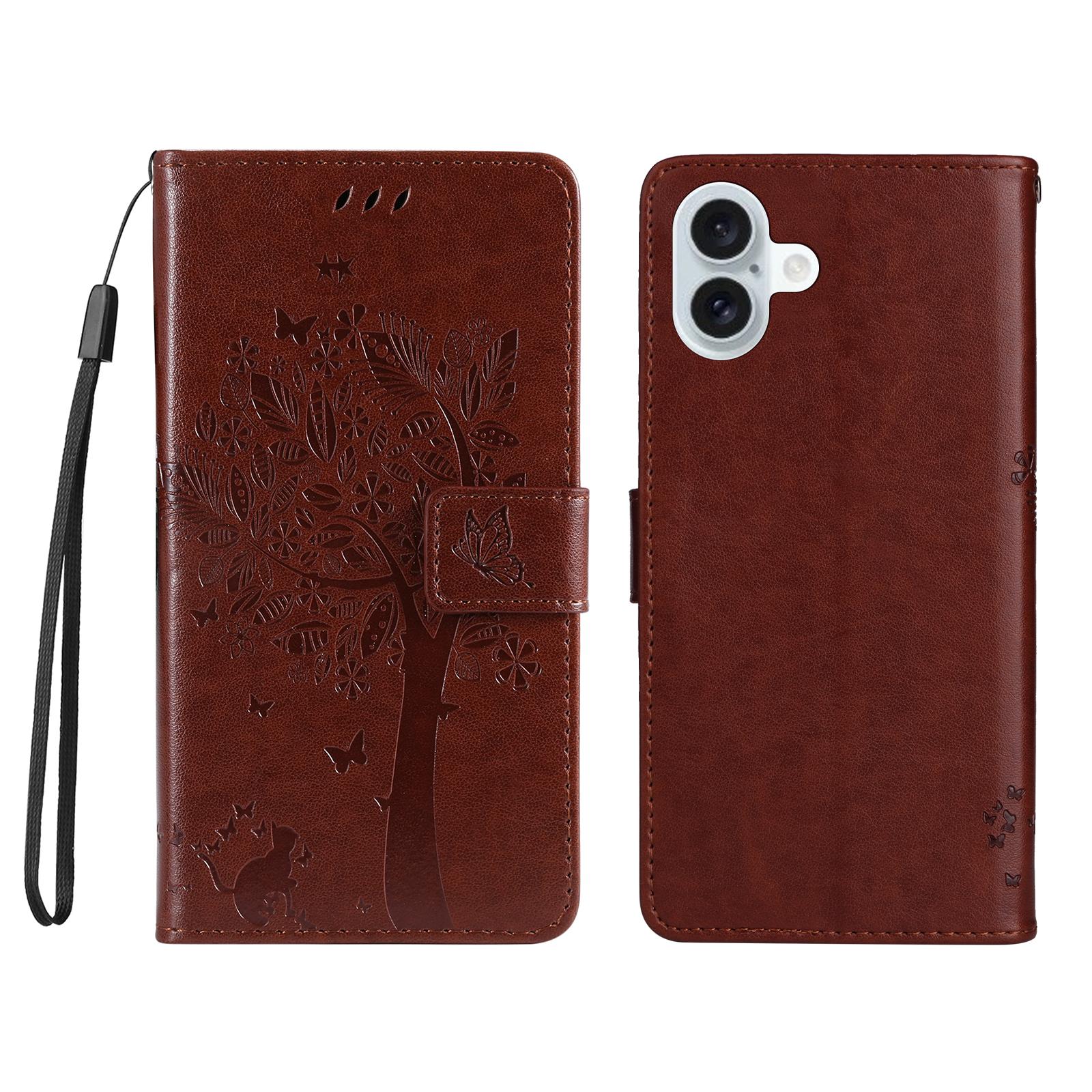 

For iPhone 16 Plus Phone Case with Stand Cat Tree Pattern Leather Wallet Mobile Cover