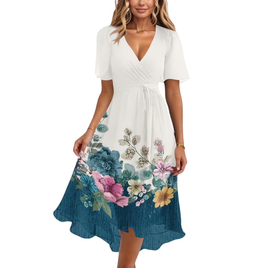 Womens Summer V Neck Short Sleeve A Line Midi Dress Floral Print Flowy Casual Vacation Sundress with Pockets S to 2XL