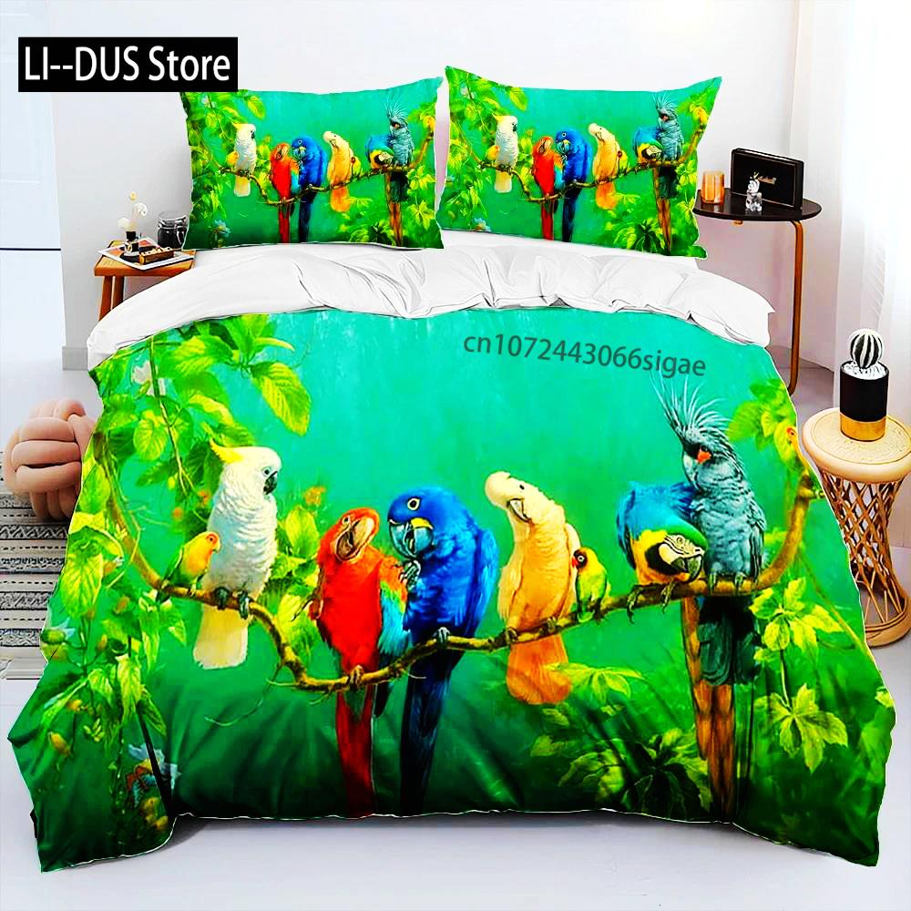 Colorful Parrot Macaws Birds Comforter Bedding SetDuvet Cover Bed Set Quilt Cover PillowcaseKing Queen Size Bedding Set Adult