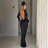 WDS European and American Autumn New Solid Color Pullover Halter Long Sleeve Slim Sexy High Waist Long Dress