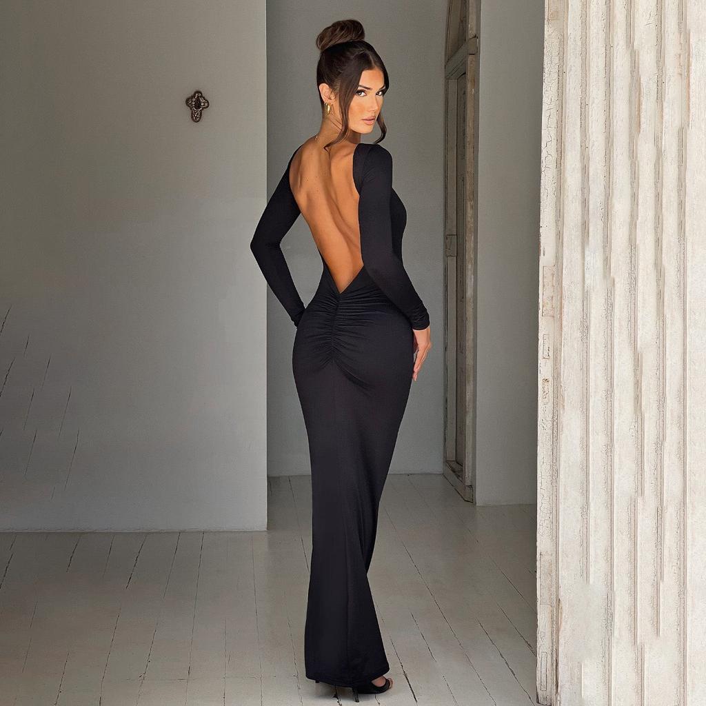 WDS European and American Autumn New Solid Color Pullover Halter Long Sleeve Slim Sexy High Waist Long Dress
