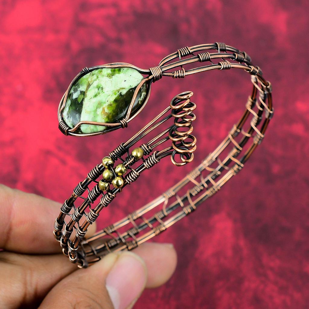 Australian Chrome Chalcedony Cuff Bracelet Copper Wire Wrapped Gemstone Bangle Adjustable Cuff Bracelet Handmade Copper Jewelry Gift For Him