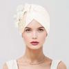 Women Headscarf Hat Imitation Pearls Flower Decor Turban Hat Solid Color Stretchable Fit Headband Sleep Hat