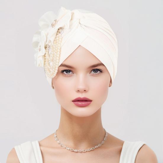 Women Headscarf Hat Imitation Pearls Flower Decor Turban Hat Solid Color Stretchable Fit Headband Sleep Hat
