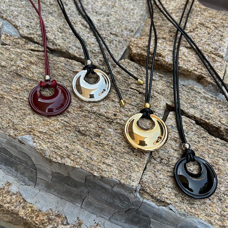 Korean Geometric Round Pendant Necklace for Women Adjustable Black Rope Long Clavicle Chain Charm Jewerly Holiday Gift