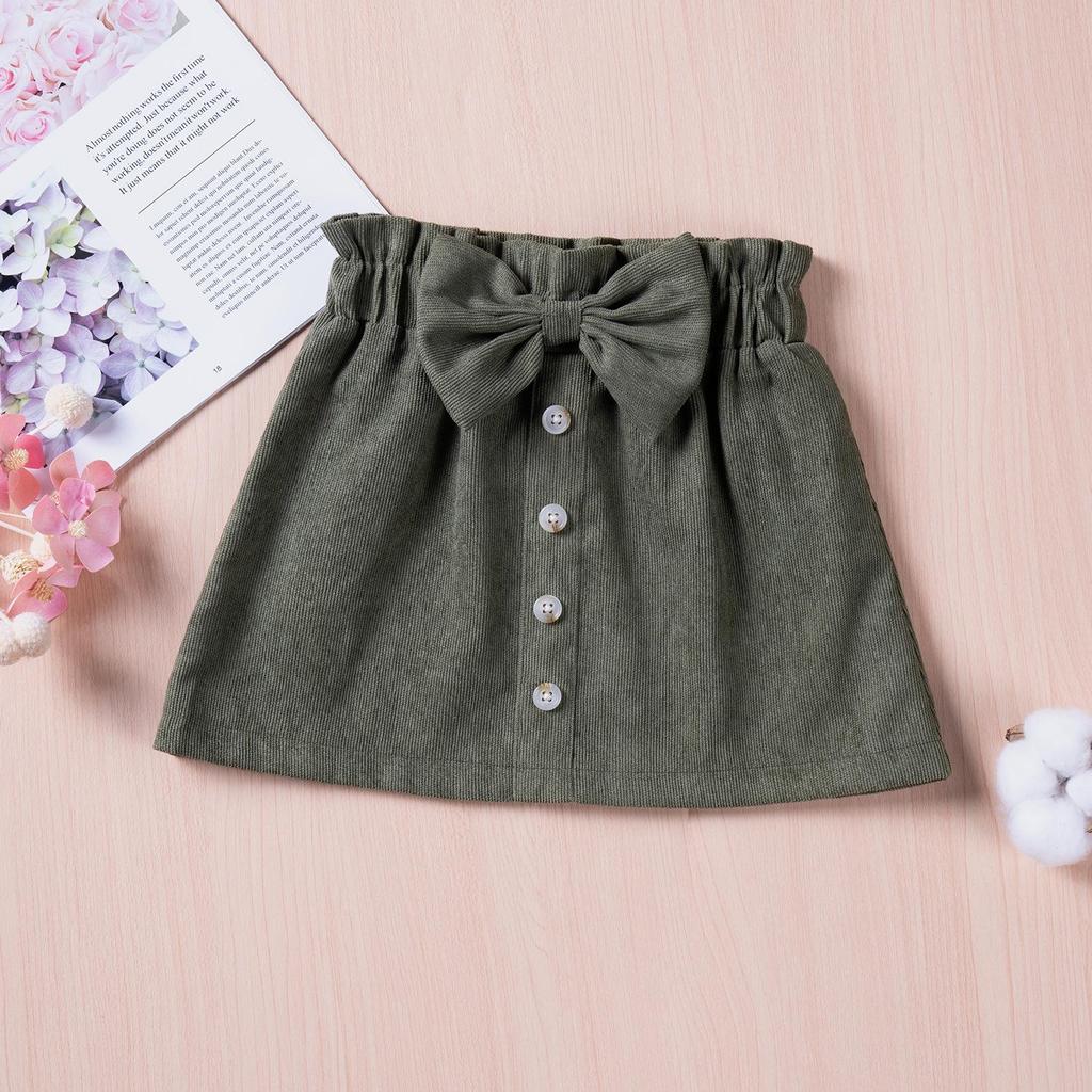2024 Spring/Autumn Girls' Corduroy Bow Skirt - Solid Color, Single-Breasted, Fashionable.