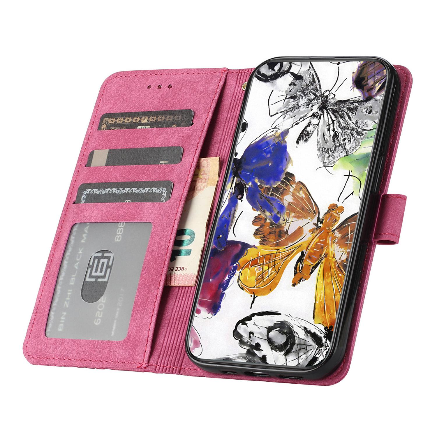 

For iPhone 14 PU Leather Flip Case Anti-drop Stand Wallet Butterfly Imprinted Skin-touch Phone Cover Rose