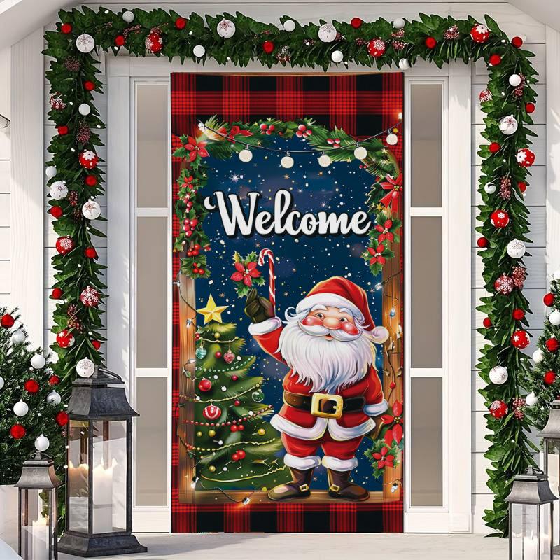 1 Buc Banner Husă Ușă Crăciun Fericit Poliester Om de Zăpadă Model Brad de Crăciun Alb pentru Ajun Anul Nou Petrecere de Sărbători Ușă Față Decor Acasă Perete