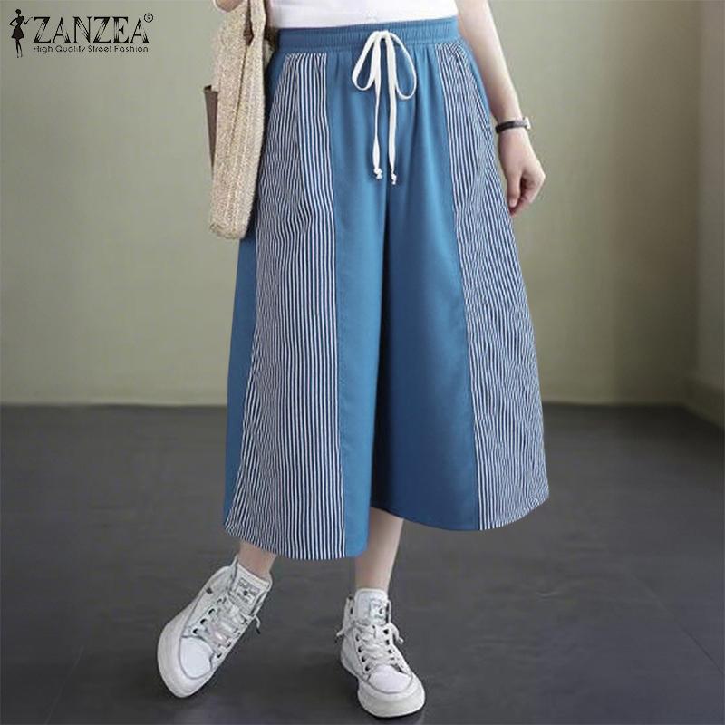 ZANZEA Women Casual Elastic Waist Loose Stripe Splice Capri Pants