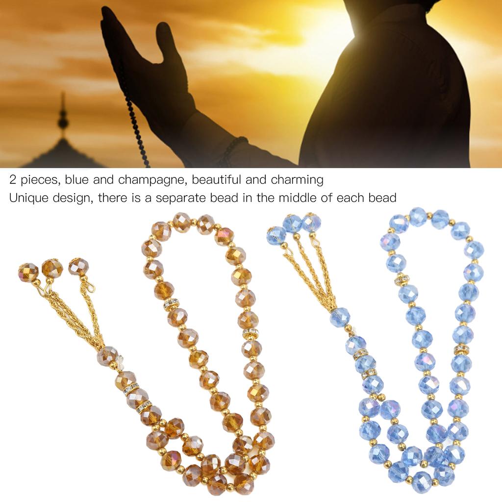 2pcs Prayer Beads Mini Blue Champagne Color 33 Beads Muslim Tasbih with Sapcer Beads for Daily Decoration Gift