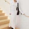 Women's Long Sleeve Ribbed Knitted Maxi Dress Crew Neck Bodycon Sweater Dress Elastic Slim Tie Waist Pencil Long Dress