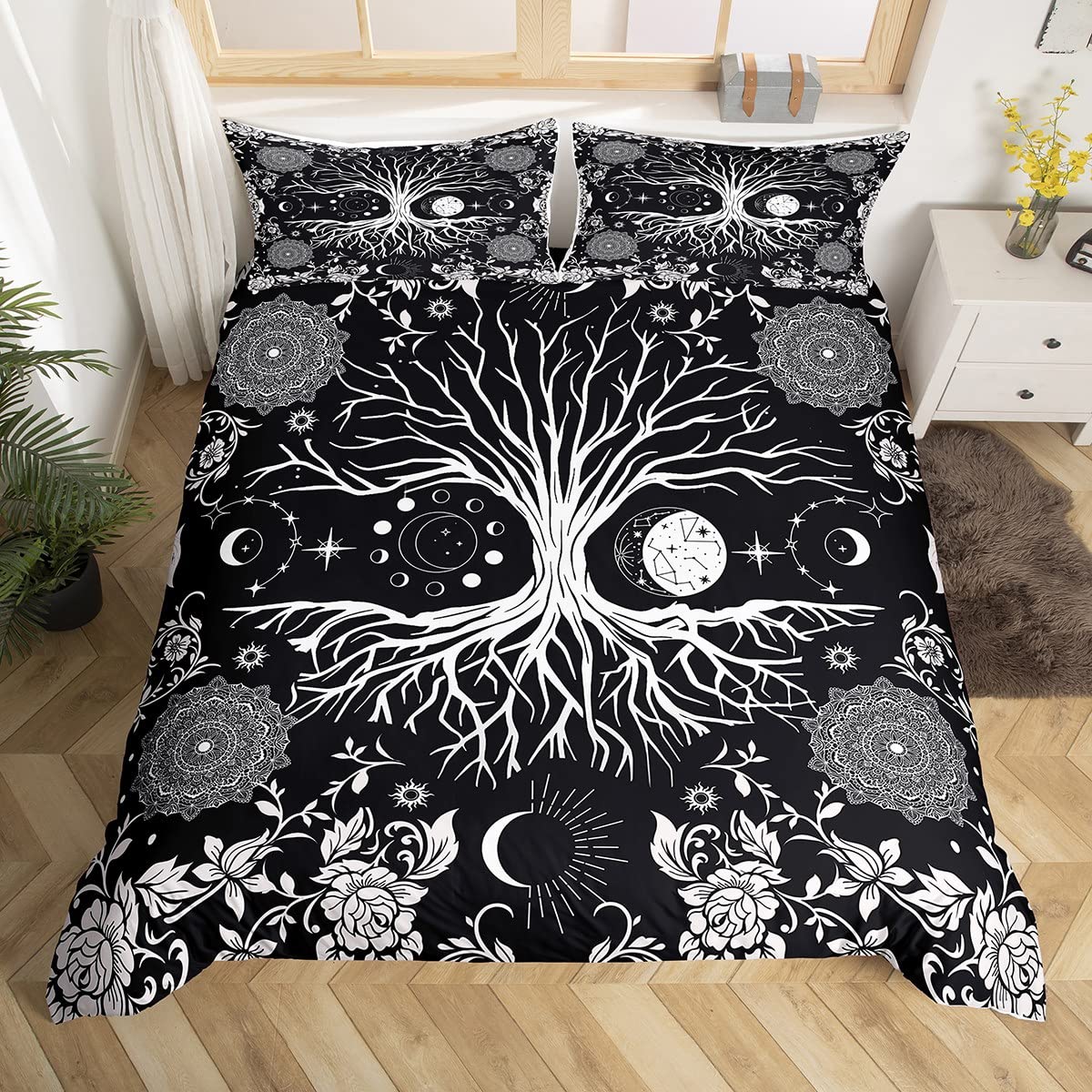 

Mushroom Duvet Cover Set QueenGolden Moon Stars Bedding SetsPsychedelic Moth Oil Painting Planet Leaves Flower Comforter Cover EU Single(135*200cm)3pcs